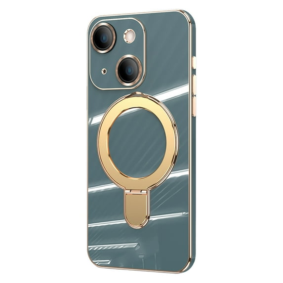 ELEHOLD for iPhone 14 Plating Magnetic Case Slim Thin Shockproof with Metal Ring Holder Folding Kickstand All-Inclusive Lens Protection Mag Safe Compatible Protective Cover,grayblue