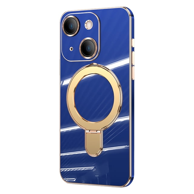 ELEHOLD for iPhone 14 Plating Magnetic Case Slim Thin Shockproof with Metal Ring Holder Folding Kickstand All-Inclusive Lens Protection Mag Safe Compatible Protective Cover,blue