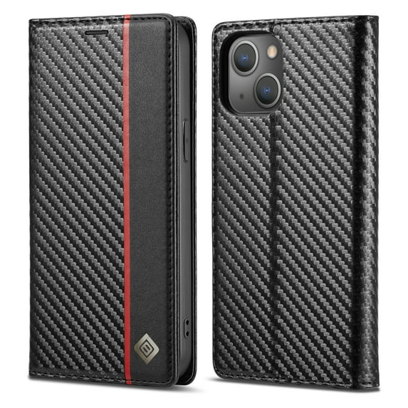 ELEHOLD for iPhone 14 Plus 6.7 inch 2022 Folio Case, Carbon Fiber Flexible TPU Kickstand Card Slots Cash Pocket Magnetic Buckle Full Protetcion Shockproof Flip Case for iPhone 14 Plus, Vertical Line