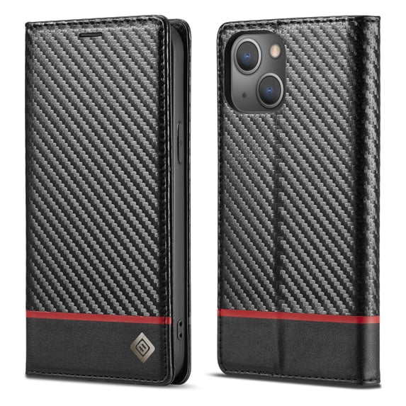 ELEHOLD for iPhone 14 Plus 6.7 inch 2022 Folio Case, Carbon Fiber Flexible TPU Kickstand Card Slots Cash Pocket Magnetic Buckle Full Protetcion Shockproof Flip Case for iPhone 14 Plus, Horizontal Line