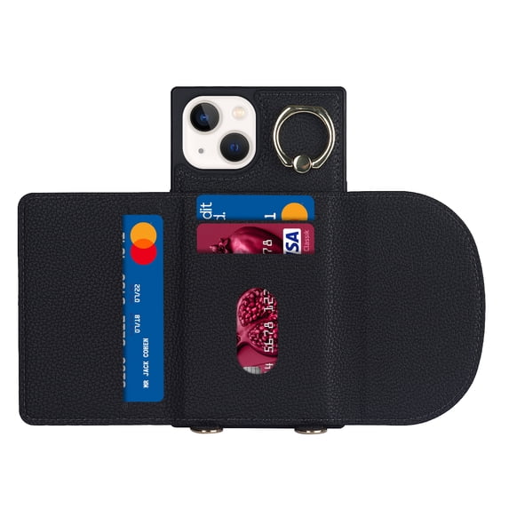 ELEHOLD for iPhone 14 Plus 6.7 inch Case, Adjustable Lanyard Crossbody Case with Metal Ring Card Slot Wallet Pocket Anti-Scratch Shockproof Case for iPhone 14 Plus,Black