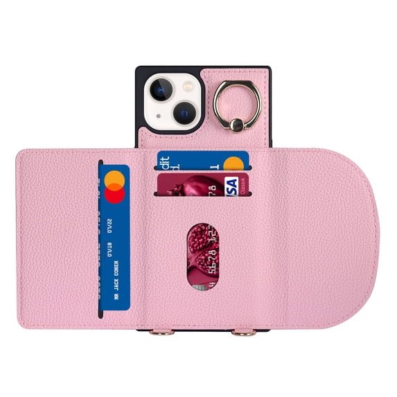 ELEHOLD for iPhone 14 Plus 6.7 inch Case, Adjustable Lanyard Crossbody Case with Metal Ring Card Slot Wallet Pocket Anti-Scratch Shockproof Case for iPhone 14 Plus,Pink