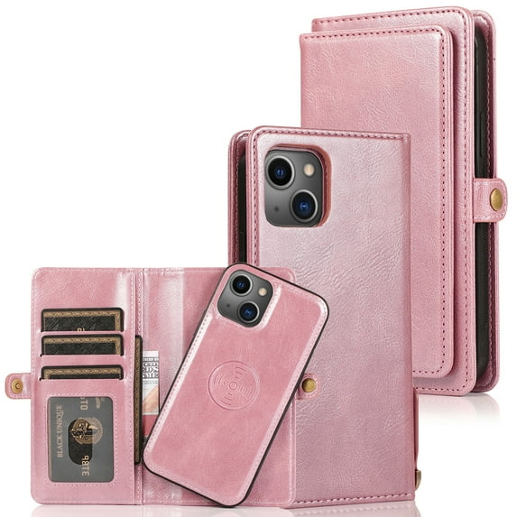 ELEHOLD for iPhone 14 Plus 6.7 inch Luxury Multi-Functional Wallet Case Card Slots Dual-Use Detachable Phone Case Magnetic Function Lanyard Shockproof Wallet Case for iPhone 14 Plus,Rosegold