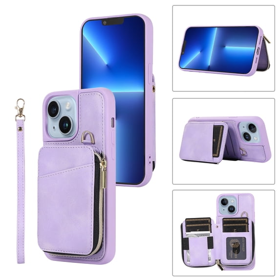 ELEHOLD for iPhone 14 Plus 6.7 inch Luxury Zipper Wallet Case with Card Slots Zipper Pocket Kickstand Function Wriststrap Crossbody Shoulder Strap Shockproof Purse Case,Purple