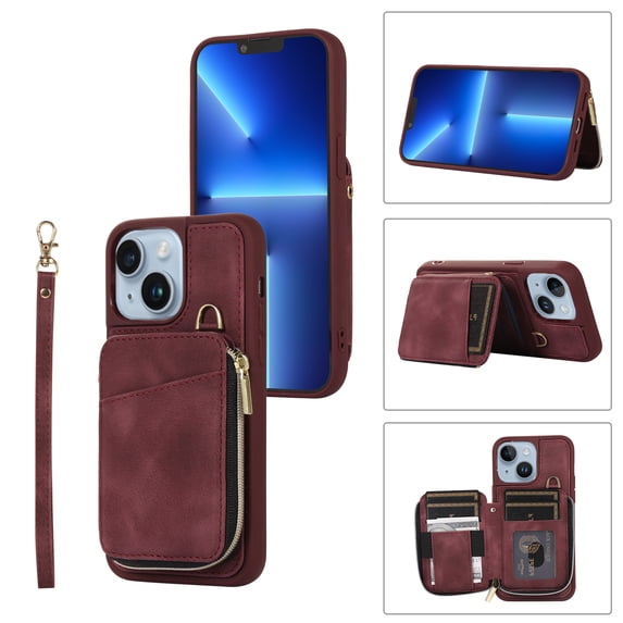 ELEHOLD for iPhone 14 Plus 6.7 inch Luxury Zipper Wallet Case with Card Slots Zipper Pocket Kickstand Function Wriststrap Crossbody Shoulder Strap Shockproof Purse Case,Winered