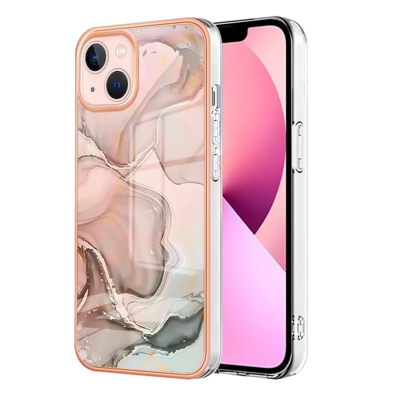 ELEHOLD for iPhone 14 Plus 6.7 inch Marble Case, Clear Electroplated Frame Soft TPU Anti-Scratch Wear-Resistant Wireless Charging Slim Fit Transparent Case for iPhone 14 Plus, Rosegold