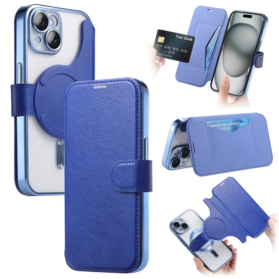 ELEHOLD for iPhone 14 Plus Case,Compatible with Mag Safe Accessories, Luxury Business 2 in 1 Detachable Flip Walle PU Leather Clear Soft TPU Back Folio Case + Lens Protector,Blue