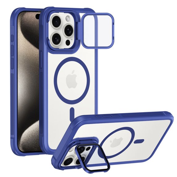 ELEHOLD for iPhone 14 Plus Case,Compatible with Magsafe Clear Adjustable Kickstand Magnetic Slim Non-slip Shockproof Protection Case with HD Lens Protector for iPhone 14 Plus,Blue