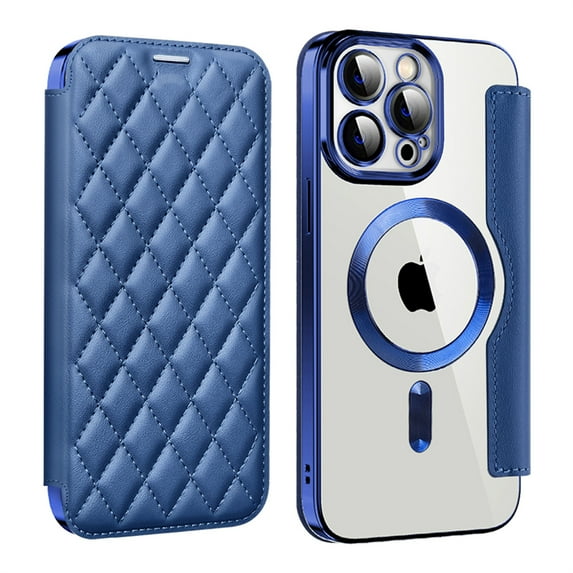 ELEHOLD for iPhone 14 Plus Case Flip Folio Built-in Card Holder RFID Blocking Protective Leather Case Transparent Clear Back Magnetic Compatible with Mag Safe Shockproof Cover,royalblue
