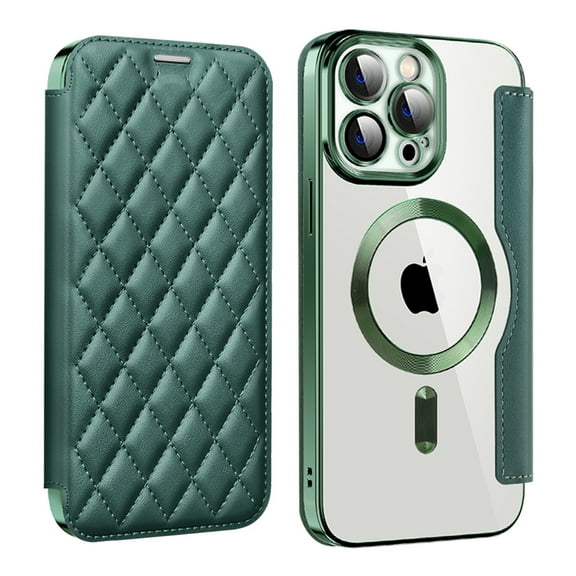 ELEHOLD for iPhone 14 Plus Case Flip Folio Built-in Card Holder RFID Blocking Protective Leather Case Transparent Clear Back Magnetic Compatible with Mag Safe Shockproof Cover,darkgreen