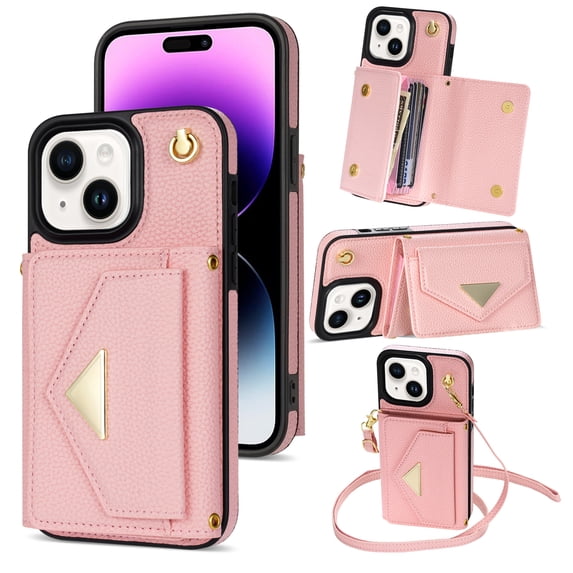 ELEHOLD for iPhone 14 Plus Case Premium Leather Wallet with Back Organ Card Holders Kickstand Function Crossbody Shoulder Strap Luxury Shockproof Women Purse Cover ,pink