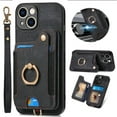 thumbnail image 1 of ELEHOLD for iPhone 14 Plus Case with Ring Holder, iPhone 14 Plus Wallet Case with RFID Blocking Card Holder Wristlet Strap, Magnetic Button Flip Folio Kickstand Shockproof Phone Cover,Black, 1 of 10