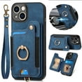 thumbnail image 1 of ELEHOLD for iPhone 14 Plus Case with Ring Holder, iPhone 14 Plus Wallet Case with RFID Blocking Card Holder Wristlet Strap, Magnetic Button Flip Folio Kickstand Shockproof Phone Cover,Blue, 1 of 10