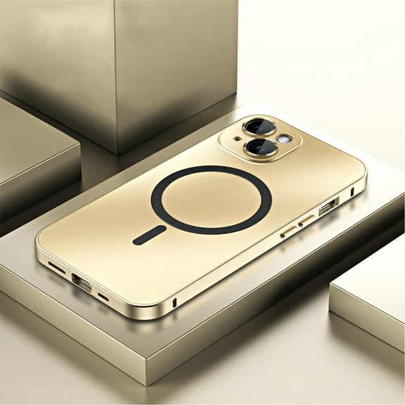 ELEHOLD for iPhone 14 Plus Case Rugged Metal Alloy Bumper Matte Back Case with Camera Lens Protective Film Safety Lock Clasp Slim Lightweight Shockproof Case Compatible with Mag Safe,gold