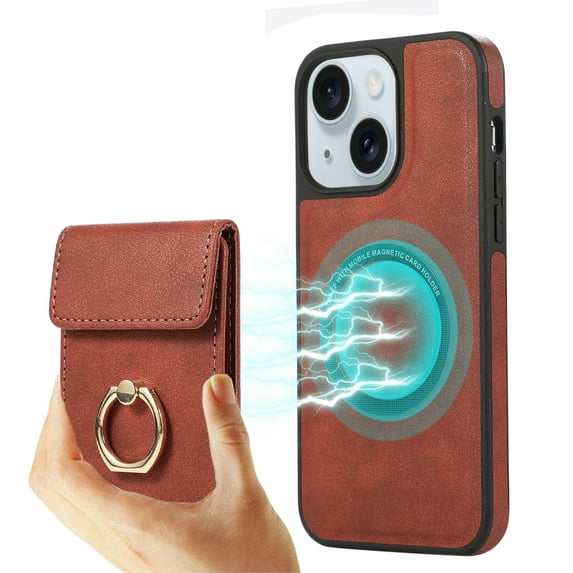 ELEHOLD for iPhone 14 Plus Case Synthetic Leather 2-in-1 Phone Case with Magnetic Detachable Card Holder Ring Holder Stand Drop Protection Shockproof Wallet Case,winered