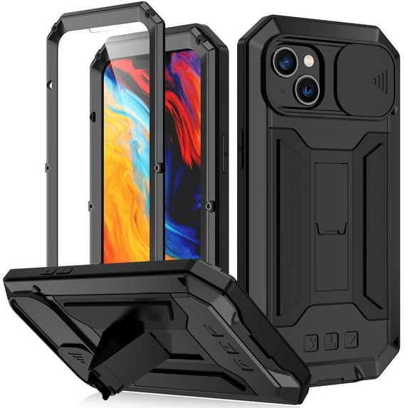 ELEHOLD for iPhone 14 Plus Heavy Duty Case, Metal Frame Triple-Layer Armor Military Grade Shockproof Kickstand Screen Protector Camera Lens Sliding Anti-Scratch Rugged Case,Black