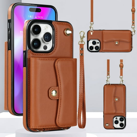 ELEHOLD for iPhone 14 Plus Multi-Functional Wallet Case Organ Card Slots RFID Blocking Stand Function Wrist Strap Crossbody Shoulder Strap Shockproof Purse Case,brown