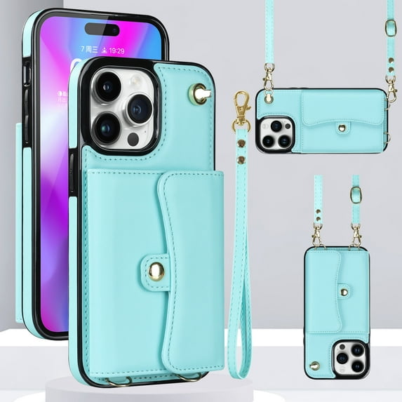 ELEHOLD for iPhone 14 Plus Multi-Functional Wallet Case Organ Card Slots RFID Blocking Stand Function Wrist Strap Crossbody Shoulder Strap Shockproof Purse Case,blue