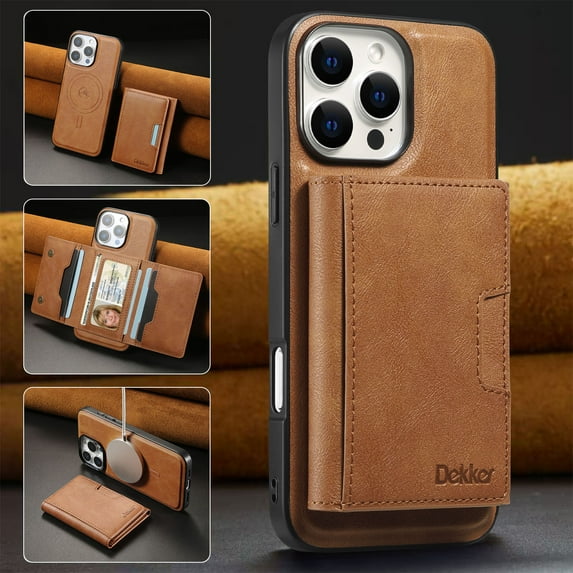 ELEHOLD For iPhone 14 Plus PU Leather Magnetic Shockproof Case, MagSafe Compatible, with Magnetic Detachable Credit Card Wallet, Kickstand Function, Brown