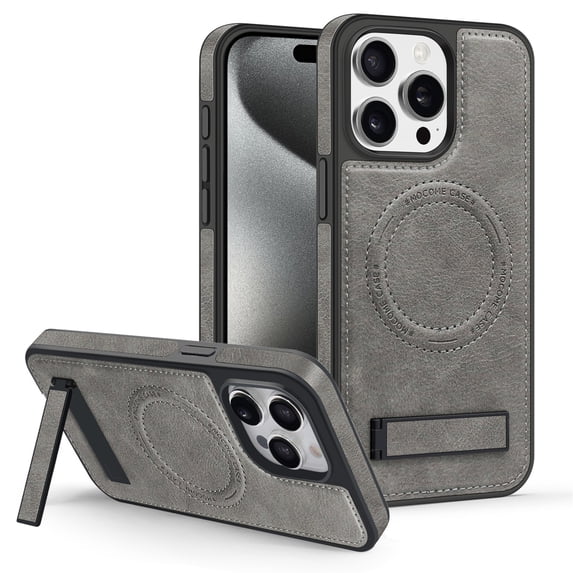 ELEHOLD for iPhone 14 Plus Premium Leather Case Strong Magnetic Compatible with Mag Safe with Foldable Invisible Kickstand Scratch-Resistant Shockproof Protective Case,gray
