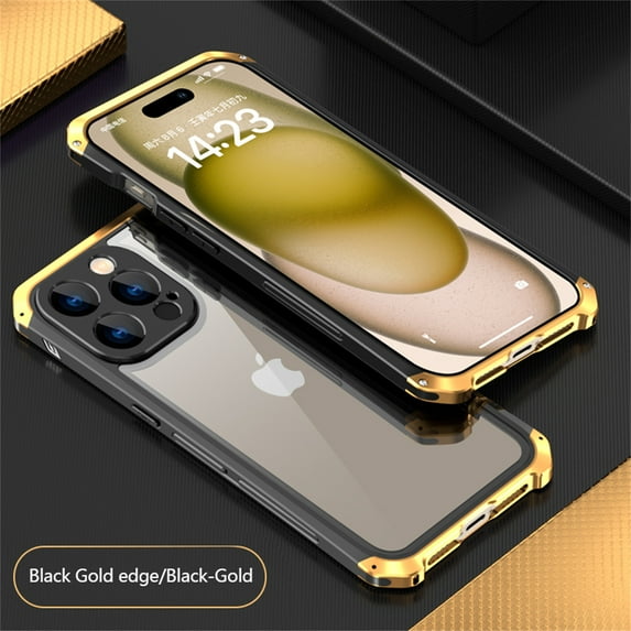 ELEHOLD for iPhone 14 Plus Rugged Case Aluminium Alloy Metal Frame Glass Back Panel Military Grade Shockproof Protection Support Wireless Charging for iPhone 14 Plus,blackgold