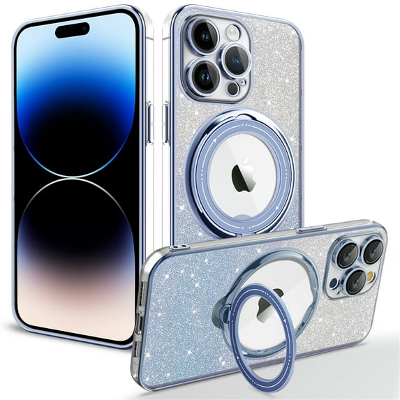 ELEHOLD for iPhone 14 Plus Slim Magnetic Case Fashion Glitter Paper Clear Case with Rotation Ring Holder Kickstand Compatible with Mag Safe Support Magnetic Car Mount Shockproof Cover,blue