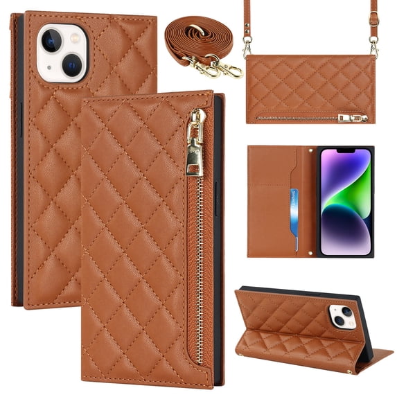 ELEHOLD for iPhone 14 Plus Wallet Case,Card Slot Zipper Purse Adjustable Crossbody Strap Stand Function Leather Wallet Case for iPhone 14 Plus 6.7 inch, Brown