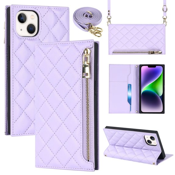 ELEHOLD for iPhone 14 Plus Wallet Case,Card Slot Zipper Purse Adjustable Crossbody Strap Stand Function Leather Wallet Case for iPhone 14 Plus 6.7 inch, Purple