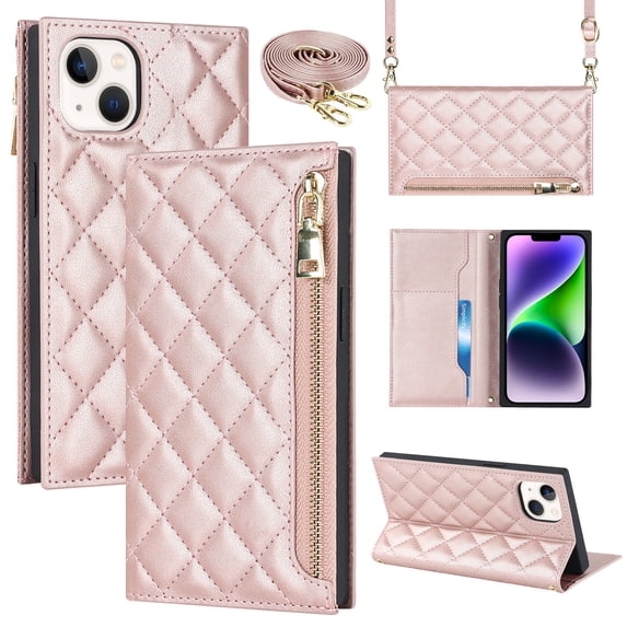 ELEHOLD for iPhone 14 Plus Wallet Case,Card Slot Zipper Purse Adjustable Crossbody Strap Stand Function Leather Wallet Case for iPhone 14 Plus 6.7 inch, Rosegold