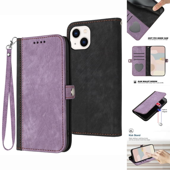ELEHOLD for iPhone 14 Plus Wallet Case with Detachable Wrist Strap Handbag, Luxury PU Leather Flip Soft TPU Built-in Magnetic Card Slots Kickstand Function Shockproof Protective Cover Case,Purple