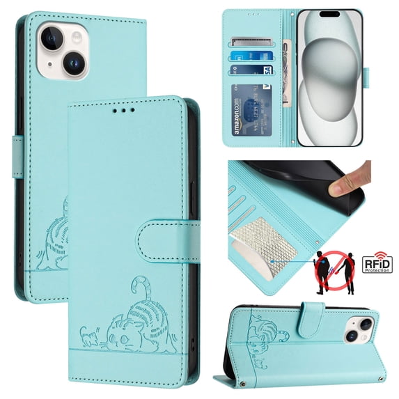 ELEHOLD for iPhone 14 Plus Wallet Case, Embossed Cat PU Leather RFID Blocking Credit Card Slot Kickstand Support Wireless Charging Shockproof Case with Crossbody Strap for iPhone 14 Plus,Mint