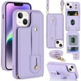 thumbnail image 1 of ELEHOLD iPhone 14 Plus Wallet Case, Flip Card Slots Magnetic Button Kickstand Function Non-Slip Wristband Crossbody Shoulder Strap for iPhone 14 Plus 6.7" Fashion Leather Case,Purple, 1 of 8