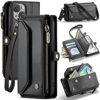 ELEHOLD for iPhone 14 Plus Wallet Case,Support Wireless Charging PU Leather RFID Blocking Card Holder Kickstand Flip Shockproof Protective Case with Crossbody Wristlet Strap for iPhone 14 Plus,Black