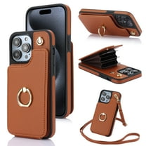 ELEHOLD for iPhone 14 Plus Wallet Crossbody Case with Organ Card Slots Metal Finger Ring Holder Kickstand Crossbody Shoulder Strap Shockproof Purse Cover for Women Girls,brown