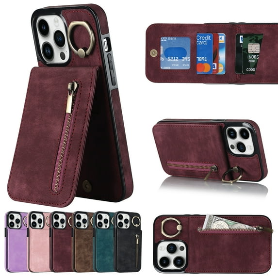 ELEHOLD for iPhone 14 Pro 6.1" Vintage Leather Wallet Case,Practical Card Holders RFID Blocking Zipper Wallet Kickstand Ring Holder Shockproof Anti-Scratch Case for Women Men,Winered