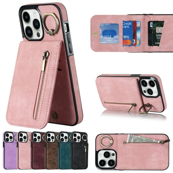 ELEHOLD for iPhone 14 Pro 6.1" Vintage Leather Wallet Case,Practical Card Holders RFID Blocking Zipper Wallet Kickstand Ring Holder Shockproof Anti-Scratch Case for Women Men,Pink
