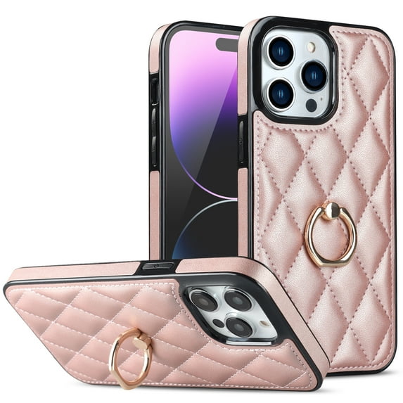 ELEHOLD for iPhone 14 Pro 6.1 inch 2022 Case, Luxury Rhomboid Quilted PU Leather Soft TPU Bumper 360 Degee Rotatable Metal Finger Ring Holder Kickstand Shockproof Case for iPhone 14 Pro, Rosegold