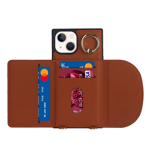 ELEHOLD for iPhone 14 Pro 6.1 inch Case, Adjustable Lanyard Crossbody Case with Metal Ring Card Slot Wallet Pocket Anti-Scratch Shockproof Case for iPhone 14 Pro,Brown