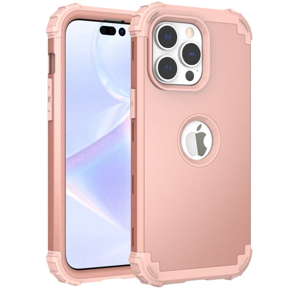 ELEHOLD for iPhone 14 Pro 6.1 inch Heavy Duty Rugged Case Logo Cutout View Hard PC Soft Silicone Hybrid Shockproof Scratch-Resistant Slim Case For iPhone 14 Pro,Rosegold