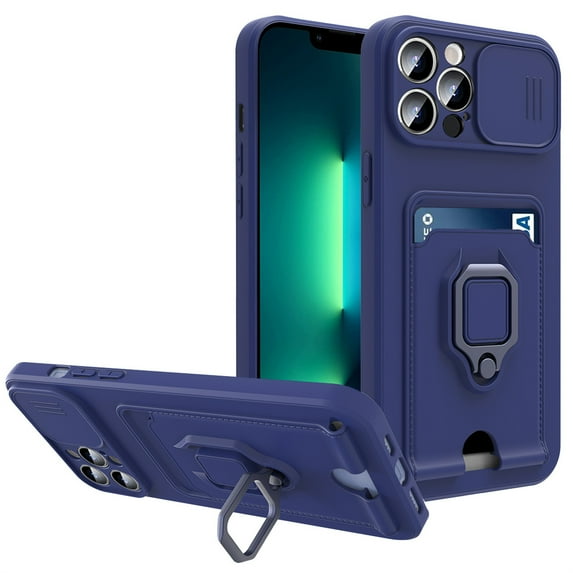 ELEHOLD for iPhone 14 Pro 6.1 inch Multi-Functional Soft Slim Case with Card Slot Sliding Cover Camera Protection 360 Rotating Ring Holder Kickstand Shockproof Protective Case,Navyblue