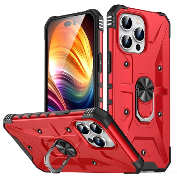 ELEHOLD for iPhone 14 Pro Armor Case, Military Grade Hard PC Magnetic Built-in Car Mount 360° Rotatable Metal Ring Holder Kickstand Shockproof Multi-Functional Rugged Case, Red