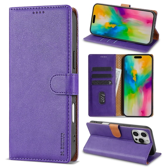 ELEHOLD for iPhone 14 Pro Case,Business Premium Folio PU Leather Magnetic Closure Card Holder Kickstand Shockproof Protective Wallet Case for iPhone 14 Pro,Purple
