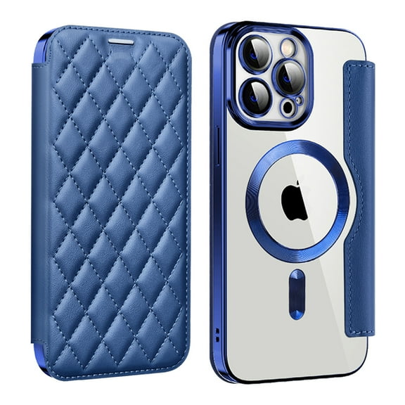 ELEHOLD for iPhone 14 Pro Case Flip Folio Built-in Card Holder RFID Blocking Protective Leather Case Transparent Clear Back Magnetic Compatible with Mag Safe Shockproof Cover,royalblue