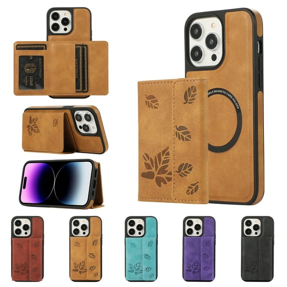 ELEHOLD for iPhone 14 Pro Case PU Leather 2-in-1 Multi-Functional with Magnetic Detachable Card Holder Leaf Pattern Drop Protection Shockproof Wallet Case Compatible with Mag Safe,brown
