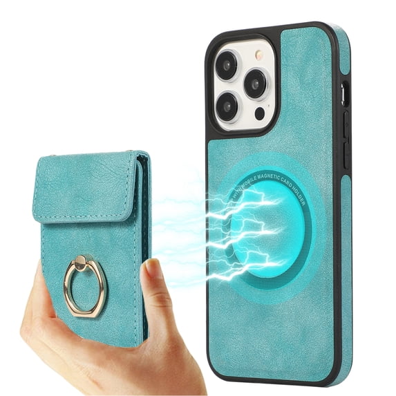 ELEHOLD for iPhone 14 Pro Case Synthetic Leather 2-in-1 Phone Case with Magnetic Detachable Card Holder Ring Holder Stand Drop Protection Shockproof Wallet Case,green