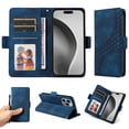 thumbnail image 1 of ELEHOLD For iPhone 14 Pro Leather Wallet Phone Case, Embossed Diamond Folio Flip Cover, Card Holder Cash Slot, Stand Support, Wrist Strap Lanyard -Blue, 1 of 10