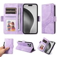 thumbnail image 1 of ELEHOLD For iPhone 14 Pro Leather Wallet Phone Case, Embossed Diamond Folio Flip Cover, Card Holder Cash Slot, Stand Support, Wrist Strap Lanyard -Purple, 1 of 10