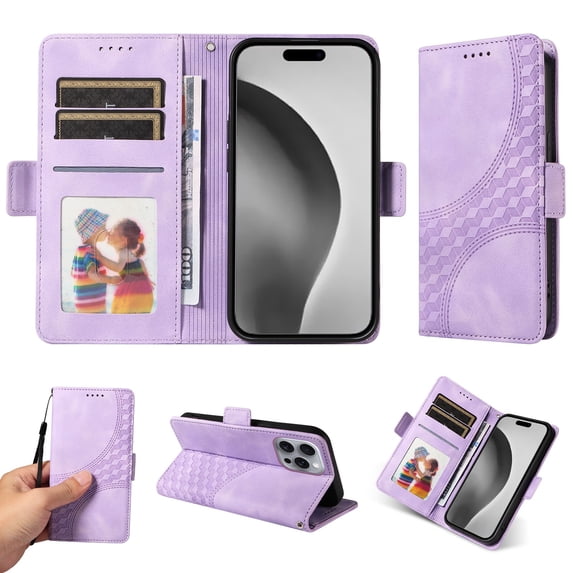 ELEHOLD For iPhone 14 Pro Leather Wallet Phone Case, Embossed Diamond Folio Flip Cover, Card Holder Cash Slot, Stand Support, Wrist Strap Lanyard -Purple