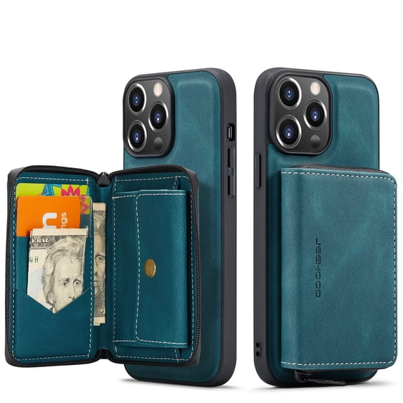 ELEHOLD iPhone 14 Pro Luxury Wallet Case PU Leather Purse Case with Detachable Card Slots Zipper Pocket Kickstand Function Shockproof Case,6.1 inch, Blue