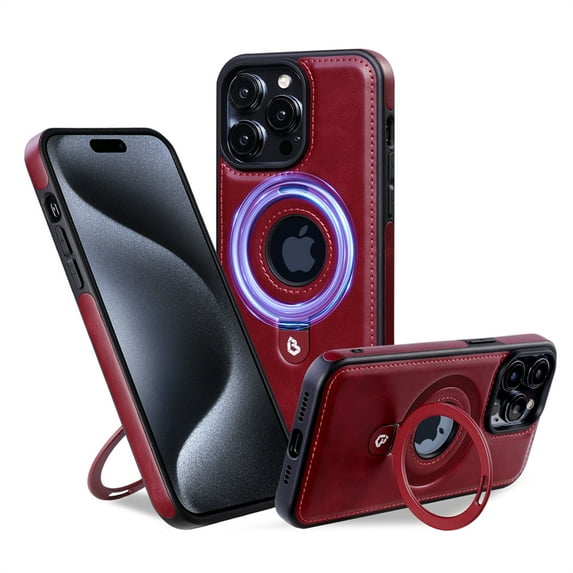 ELEHOLD for iPhone 14 Pro Magnetic Case Premium PU Leather Logo View Hollow Design Foldable Ring Holder Kickstand Support Mag Safe Charging Shockproof Anti-Scratch Cover for iPhone 14 Pro,winered